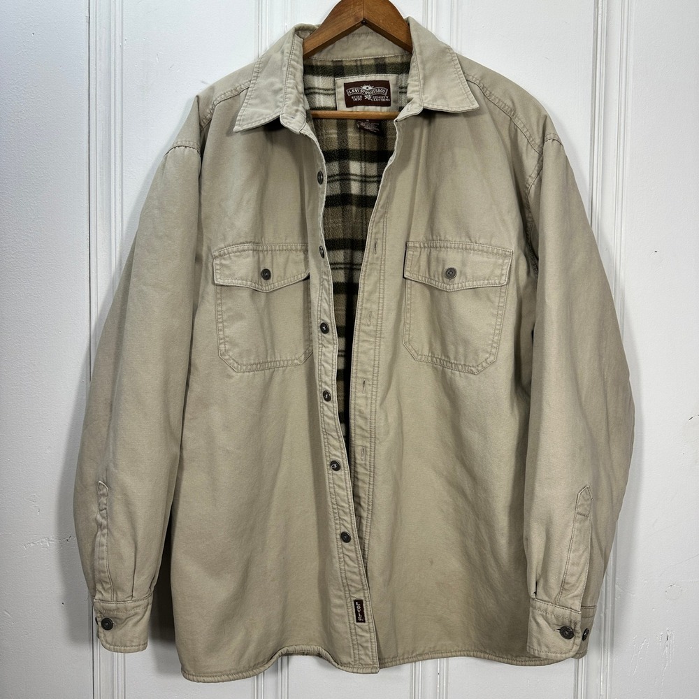 Levis Mens Canvas Shirt Jacket Tan Fleece Lined Plaid Workwear Shacket XL